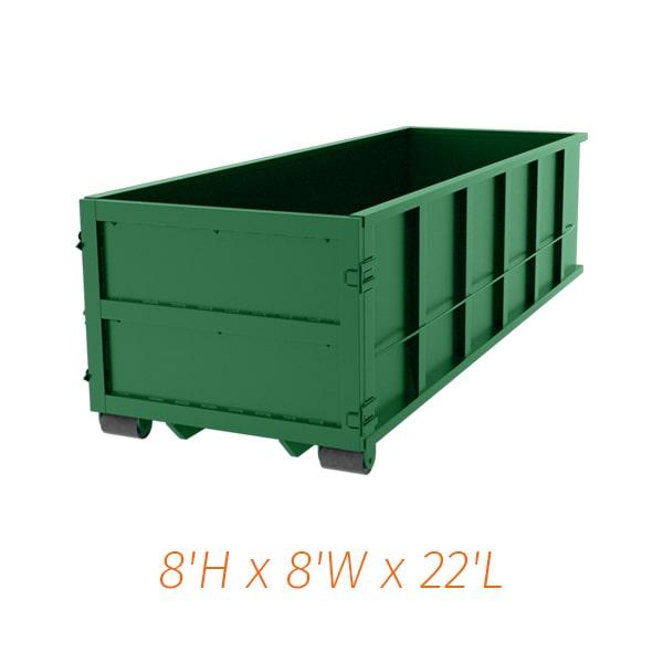 40 yard dumpsters typically have a length of 22 feet, a width of 8 feet, and a height of 7 feet